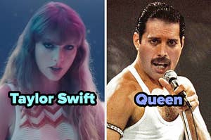 On the left, Taylor Swift in the Lavender Haze music video, and on the right, Freddy Mercury from Queen performing on stage