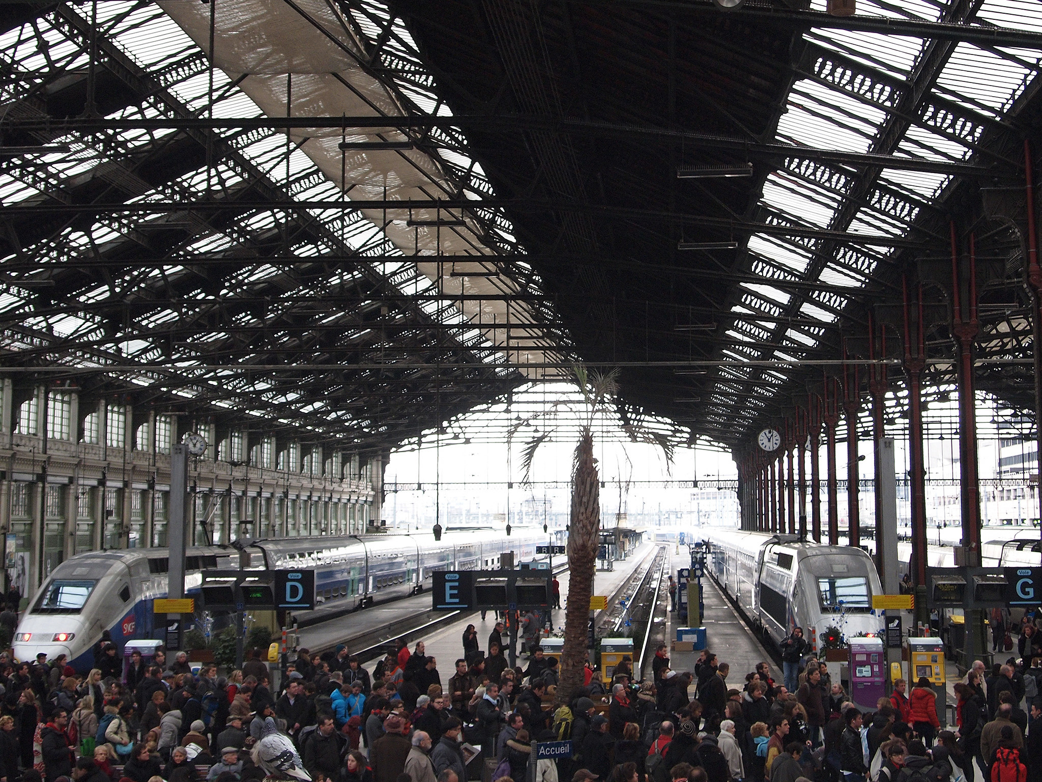 A large, busy train station