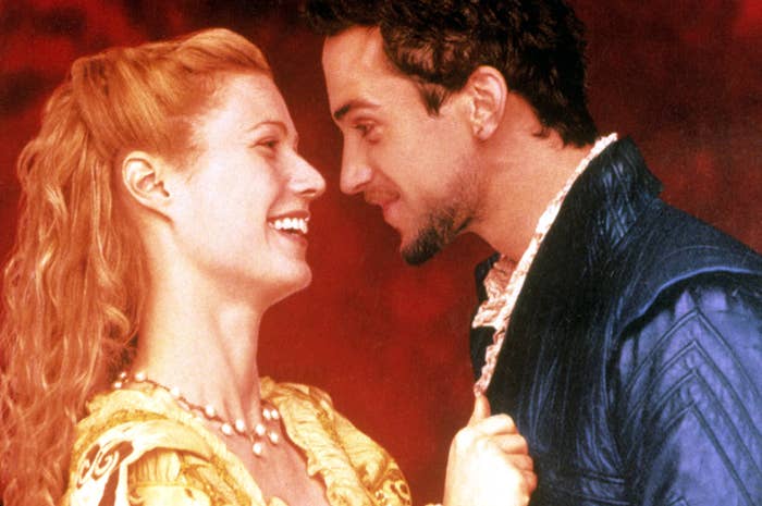 Gwyneth smiles as she looks at Joseph Fiennes in a scene from Shakespeare in Love