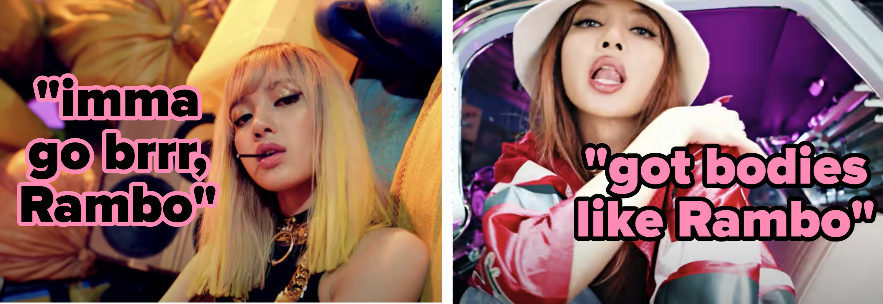 on the left an image of lisa from blackpink in the boombayah video. on the right an image of lisa from blackpink in the pink venom video.