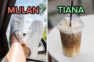 On the left, someone hanging their sneakered feet out of a car window labeled Mulan, and on the right, a Frappuccino labeled Tiana
