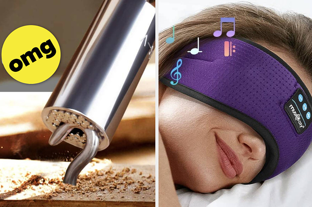 a socket adaptor on a drill, and a person wearing a sleep mask that plays music