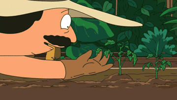 gif of Bob from Bob&#x27;s Burgers happily looking at a newly sprouted plant