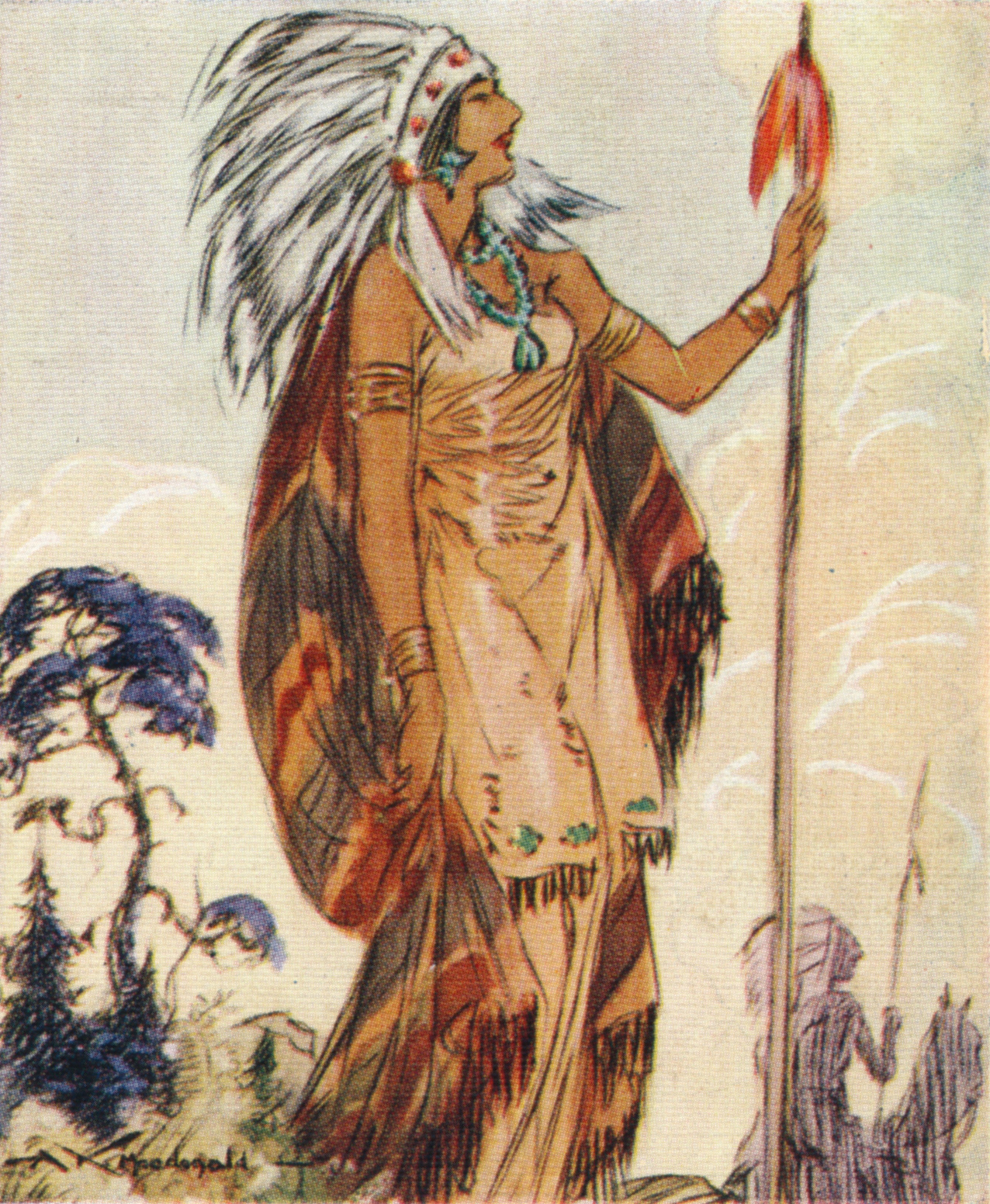 Portrait of Pocahontas, who saved John Smith, leader of the Virginia colonists, from being executed by her father, Powhatan