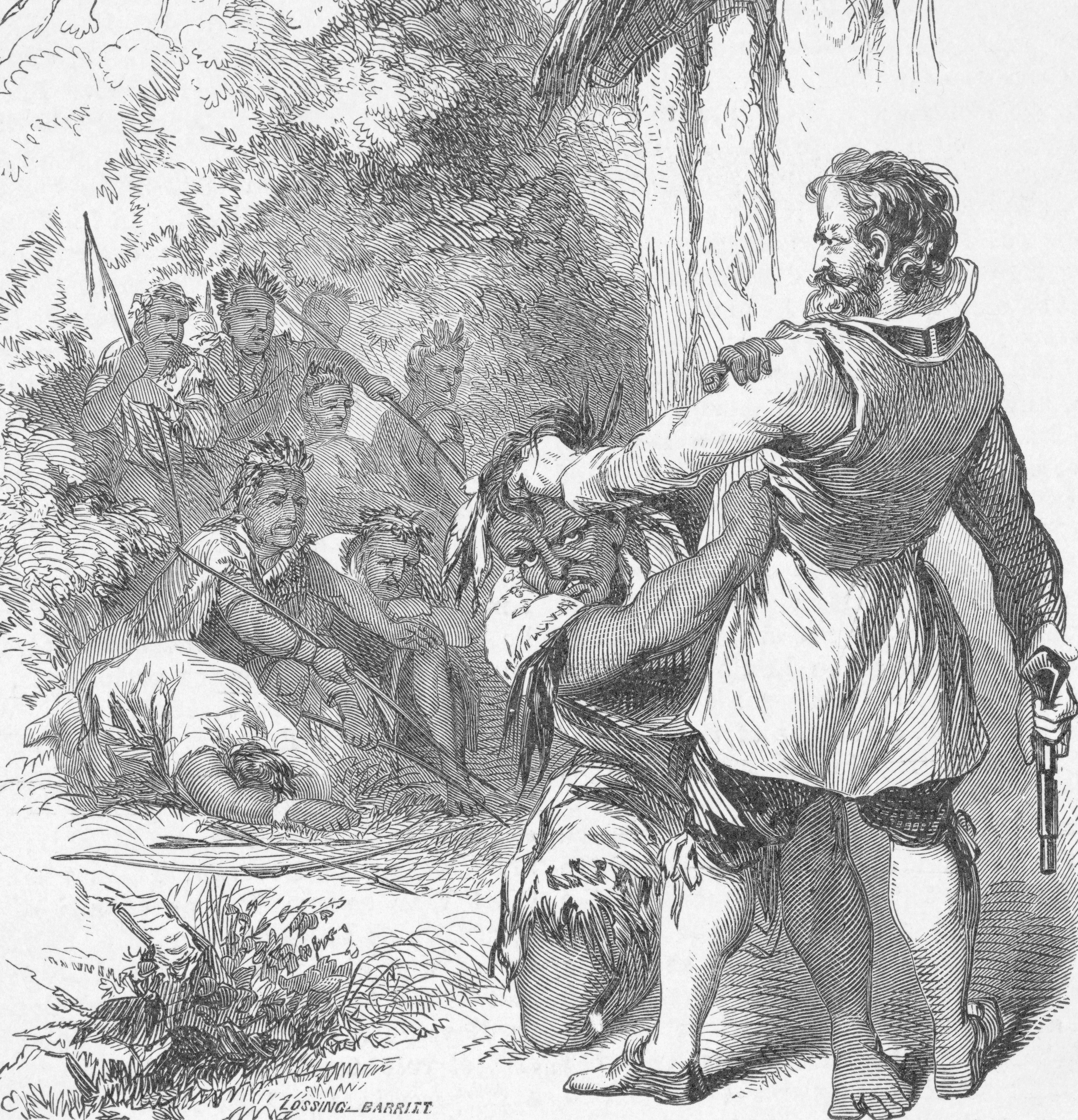 Illustration of Captain John Smith subduing the Indian Chief Powhatan