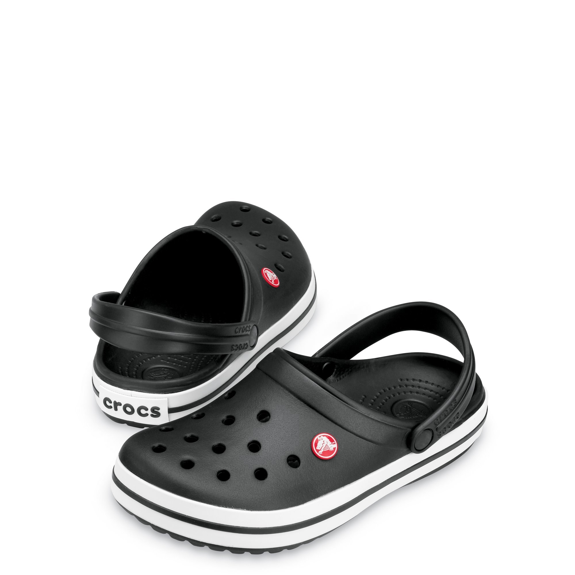 black crocs with white and black striped sole