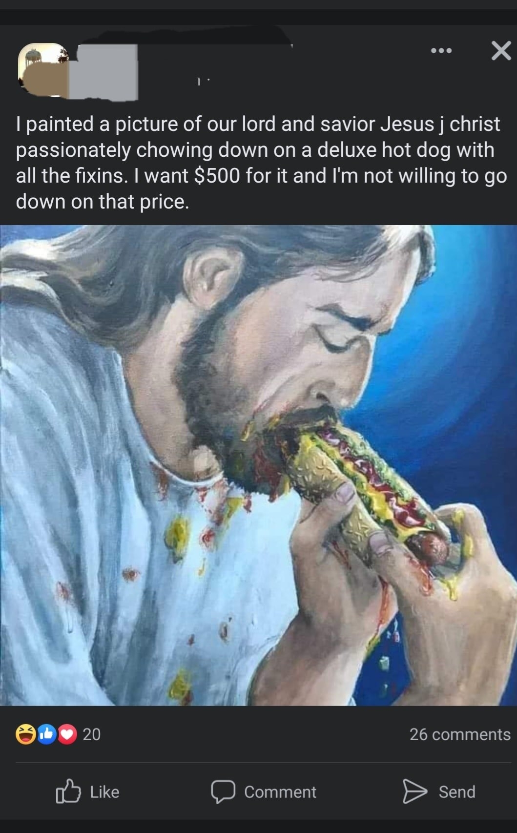Painting of Jesus eating a hot dog, which painter is selling for no less than $500