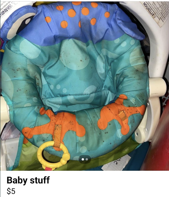Dirty, stained baby chair walker selling for $5