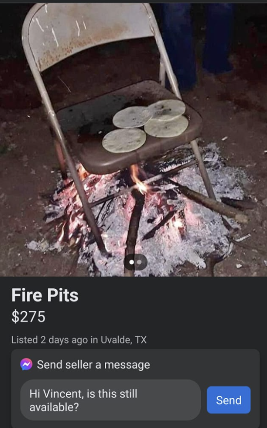 A grill made out of a metal fold-up chair with tortillas on it and a flame underneath, for sale for $275