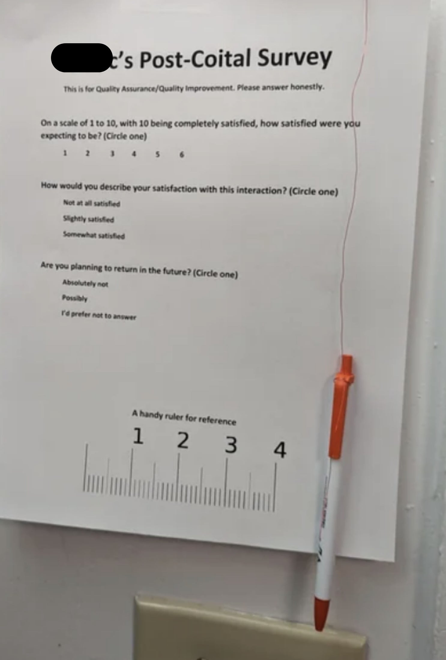A &quot;Post-Coital Survey&quot; hanging on a door, along with a pen