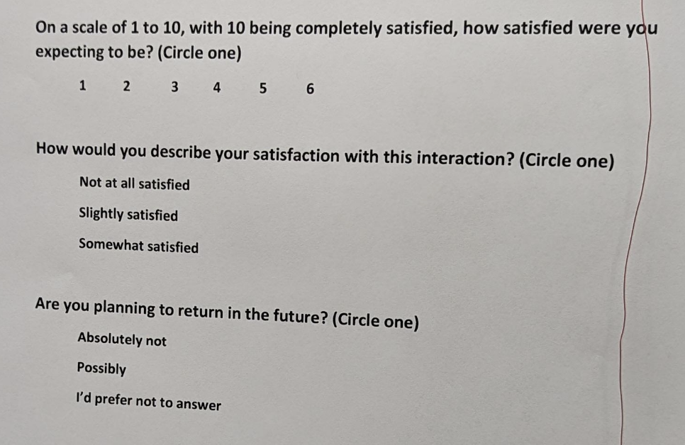 Close-up of the questions, including &quot;How would you describe your satisfaction with this interaction?&quot;