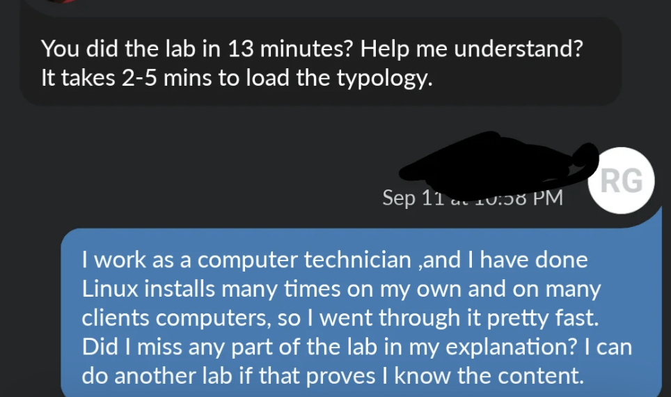 The professor says "you did the lab in 13 minutes, help me understand," and the student gives an in-depth response about their experience in the field