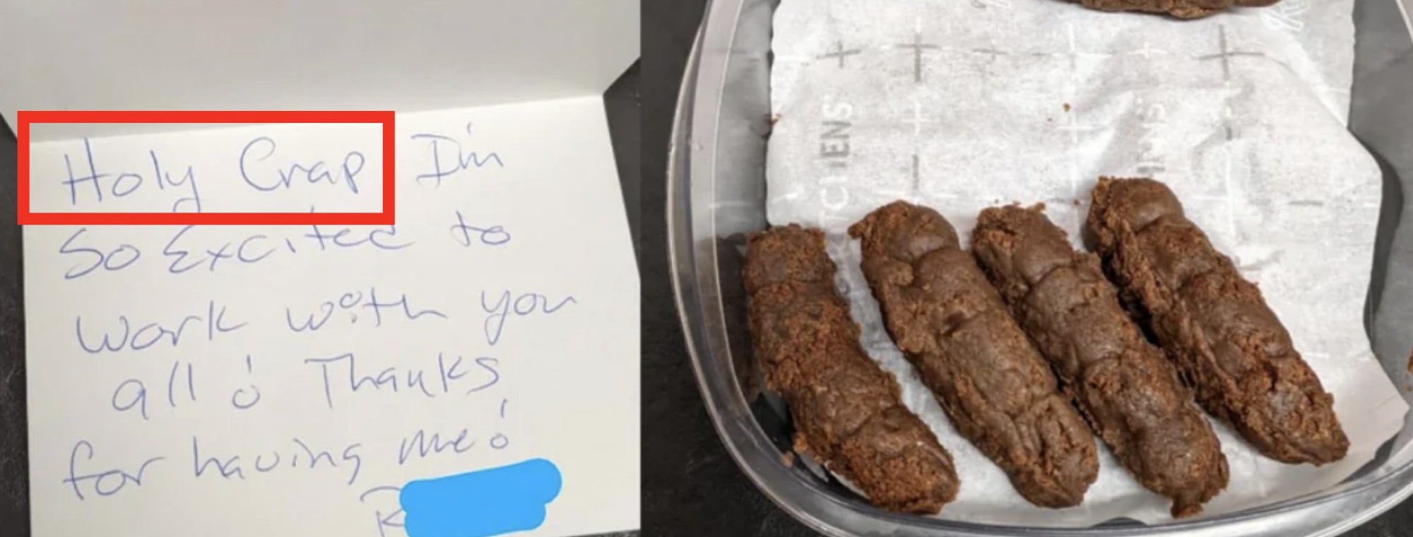 Four turd-looking brownies with handwritten note: &quot;Holy crap, I&#x27;m so excited to work with you all! Thanks for having me!&quot;