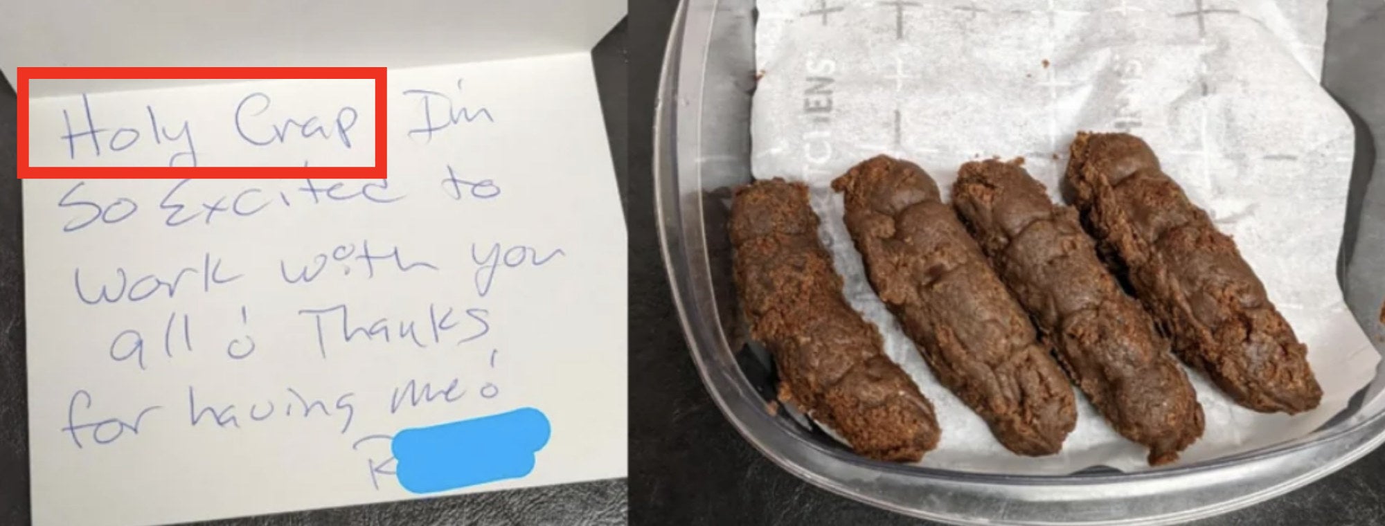Four turd-looking brownies with handwritten note: &quot;Holy crap, I&#x27;m so excited to work with you all! Thanks for having me!&quot;