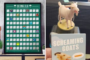 on left, green scratch-off 100 Things To Do Bucket List poster. on right, small screaming goat figurine on top of desk