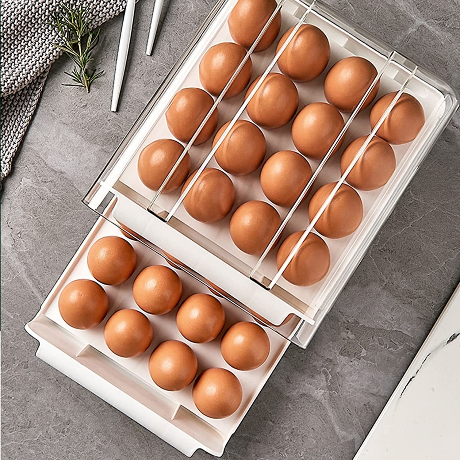eggs stacked in a sleek two-tiered egg tray