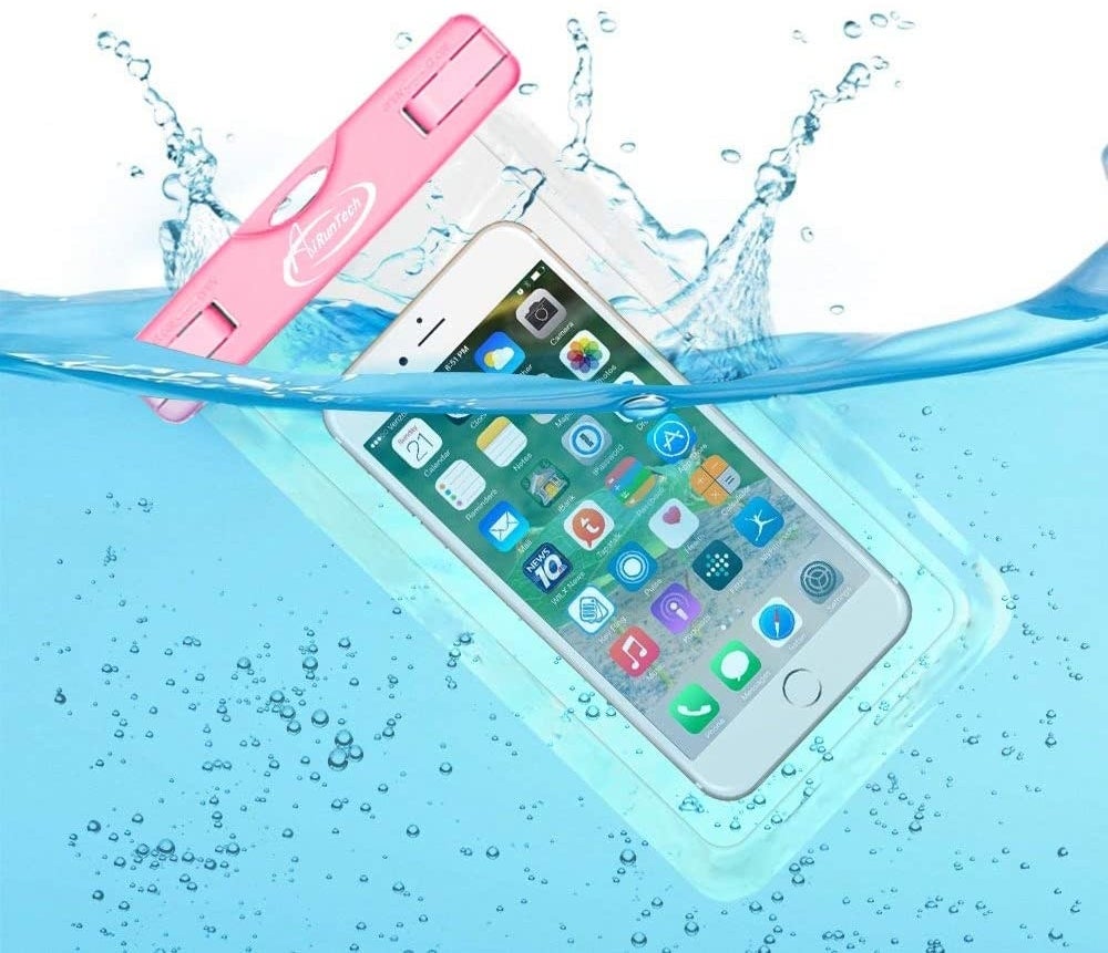a phone in the bag being submerged in water