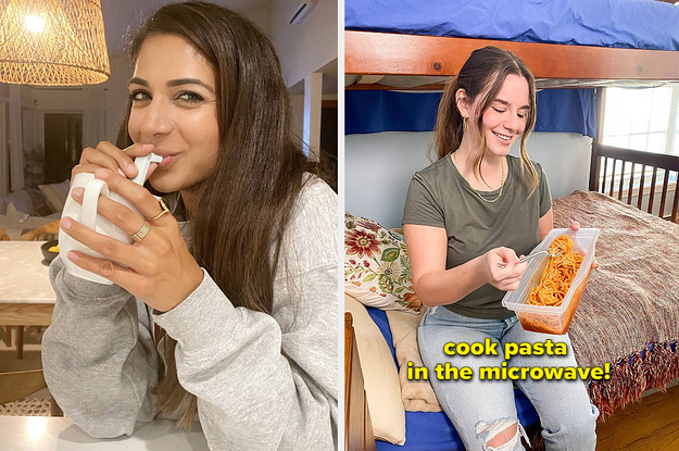 person using the straw and another person with pasta