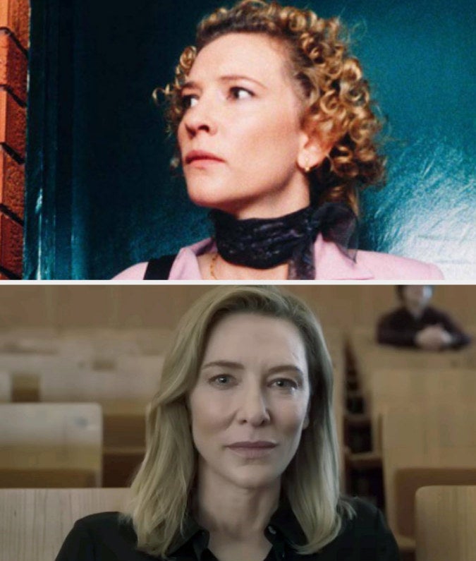 Above, a closeup of Cate with curly blonde hair in Heartland; below, a closeup of her with straight blonde hair in Tár