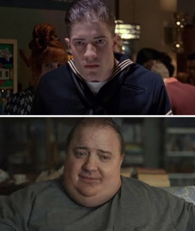 Above, a closeup of Brendan in Dogfight; below, a closeup of his character in The Whale
