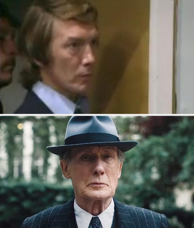 Above, a closeup of a younger Bill in Softly, Softly: Taskforce; below, a closeup of an older him in Living