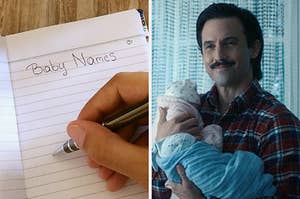 On the left, a piece of paper titled baby names, and on the right, Jack from This Is Us holding two babies and smiling