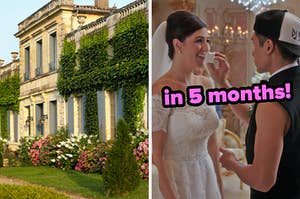 On the left, a manor house with flowering bushes all around it and vines growing on it, and on the right, Jason from The Good Place holding a piece of wedding cake out to Janet's mouth labeled in 5 months