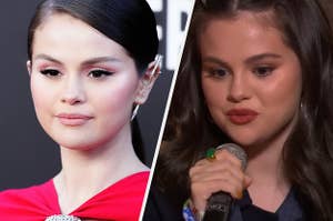 Selena Gomez poses for a photo with her lips perched vs Selena Gomez smiling while holding a microphone in an interview