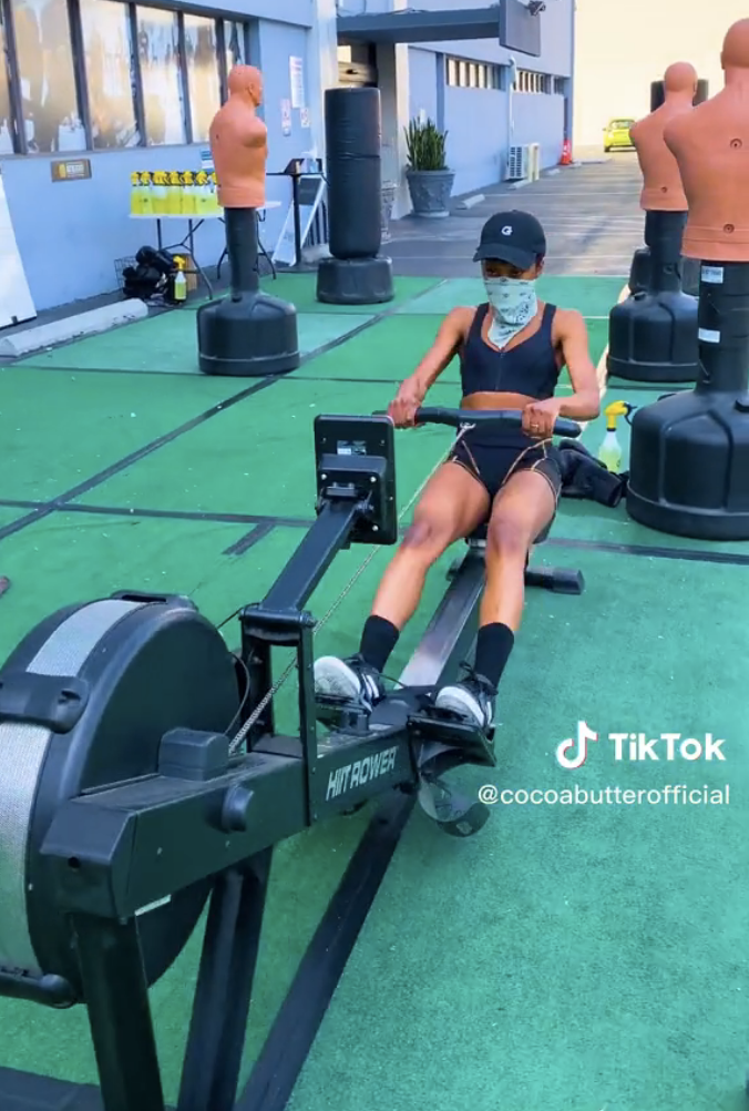 Carrie Bernans working out on the row machine
