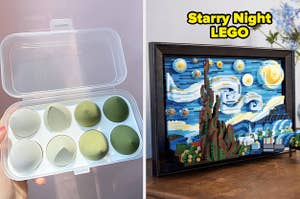 An egg carton of makeup sponges and starry night lego
