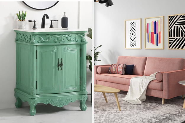 a green cabinet; a pink couch