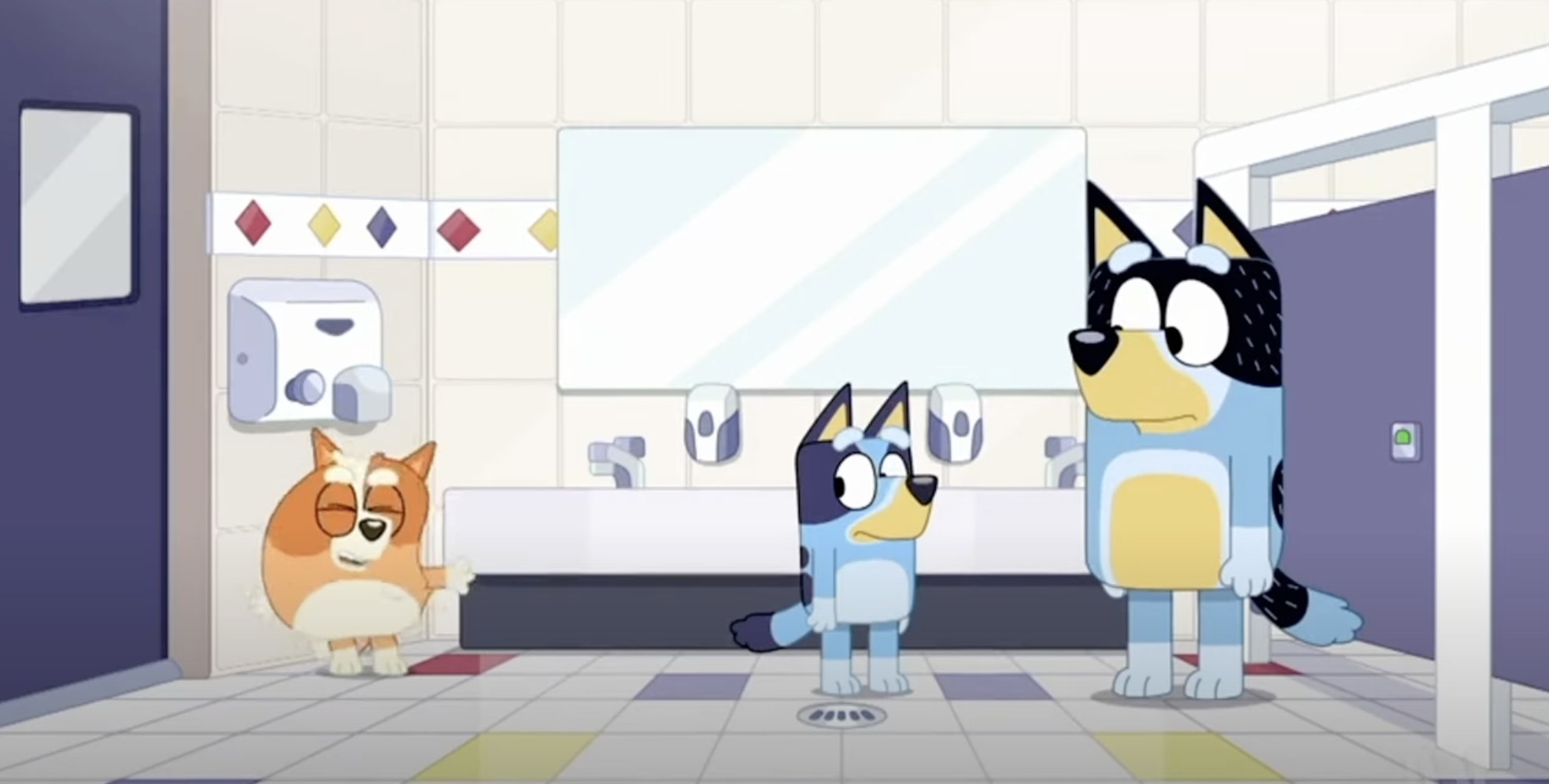 scene where Bingo is standing under the bathroom air dryer laughing