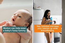 baby with capiton "motion can help ease a baby's fussy tummy" and breastfeeding mom with water bottle with caption "stay hydrated and keep your calories up while breastfeeding"