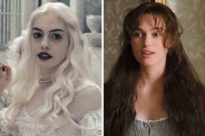 On the left, Anne Hathaway as the White Queen in Alice in Wonderland, and on the right, Keira Knightley as Elizabeth in Pride and Prejudice