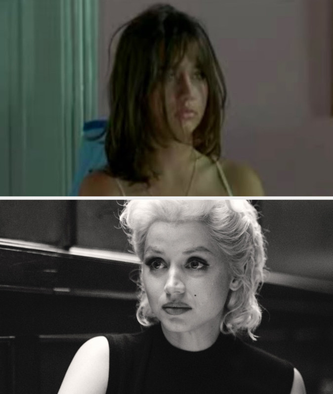 Above, a closeup of Ana with messy hair in Una rosa de Francia; below, a closeup of her as Marilyn Monroe in Blonde