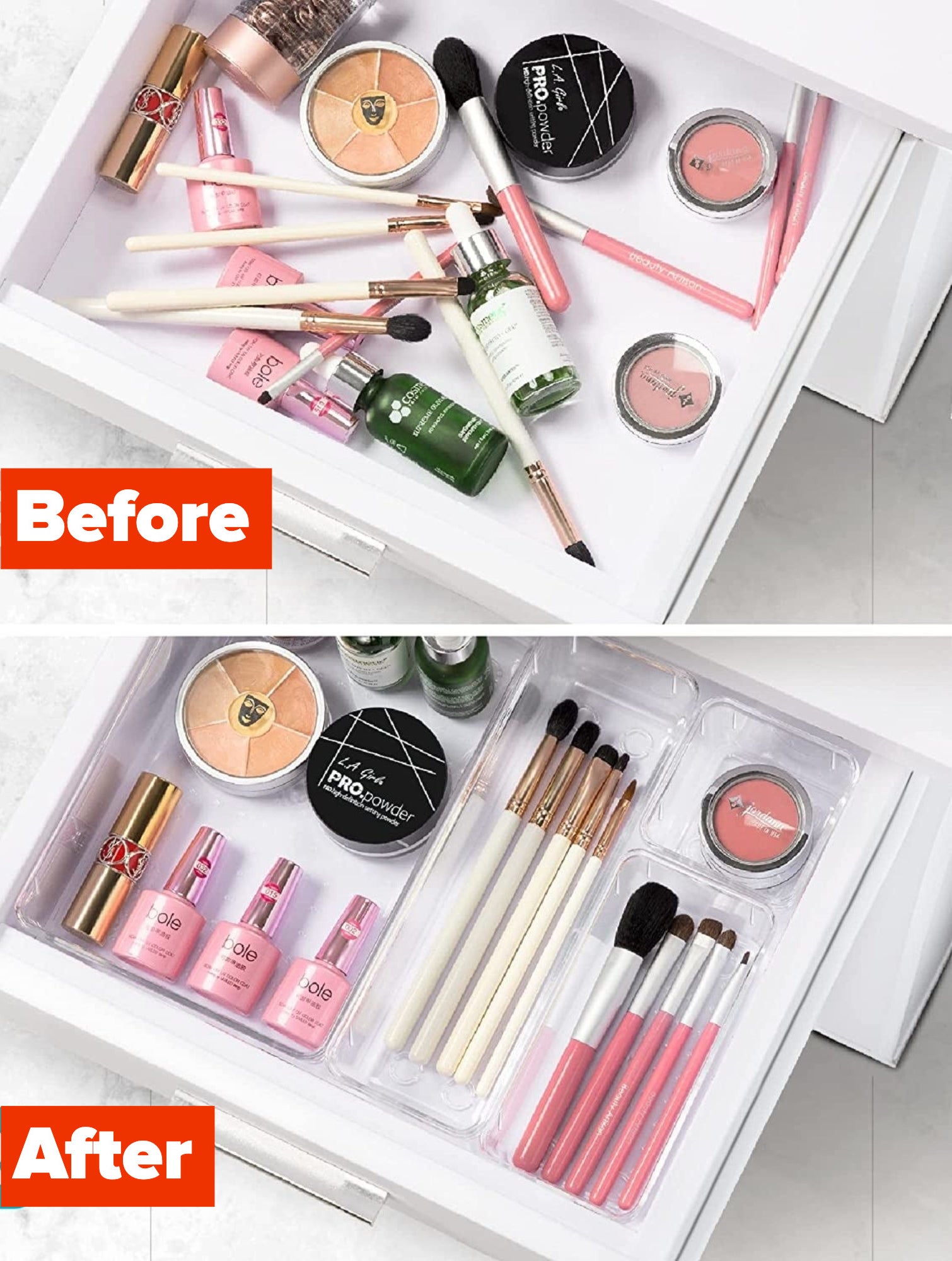 the before and after images of a cosmetics drawer