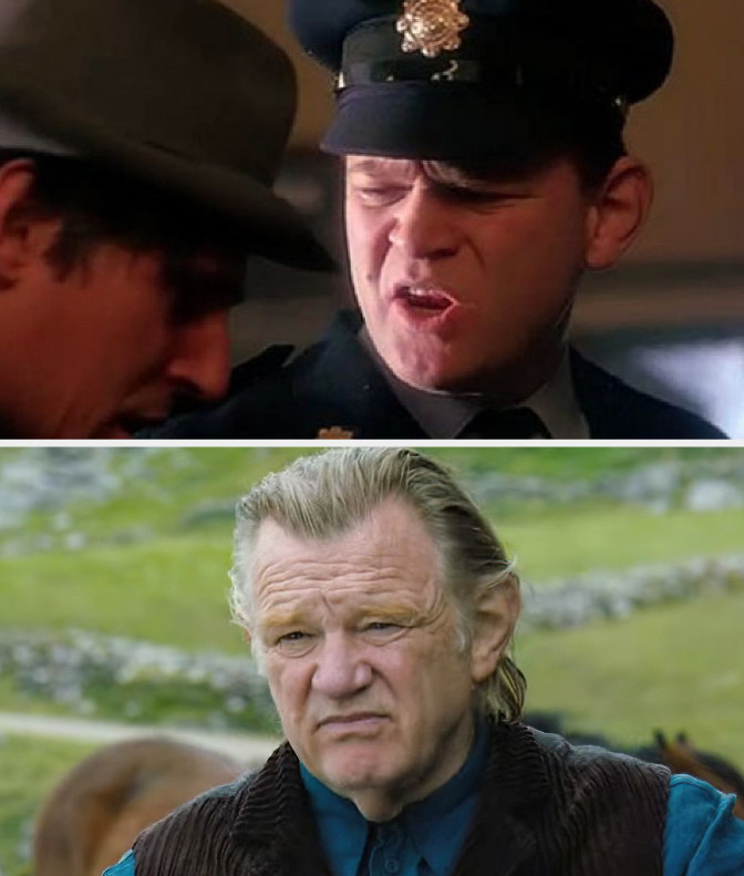 Above, a closeup of Brendan in a police outfit for Into the West; below, a closeup of an older him in The Banshees of Inisherin