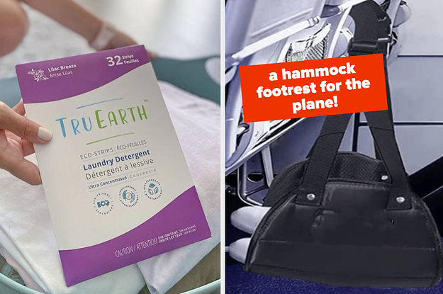 a person holding a package of laundry sheets, and a person resting their feet in a hammock on a plane