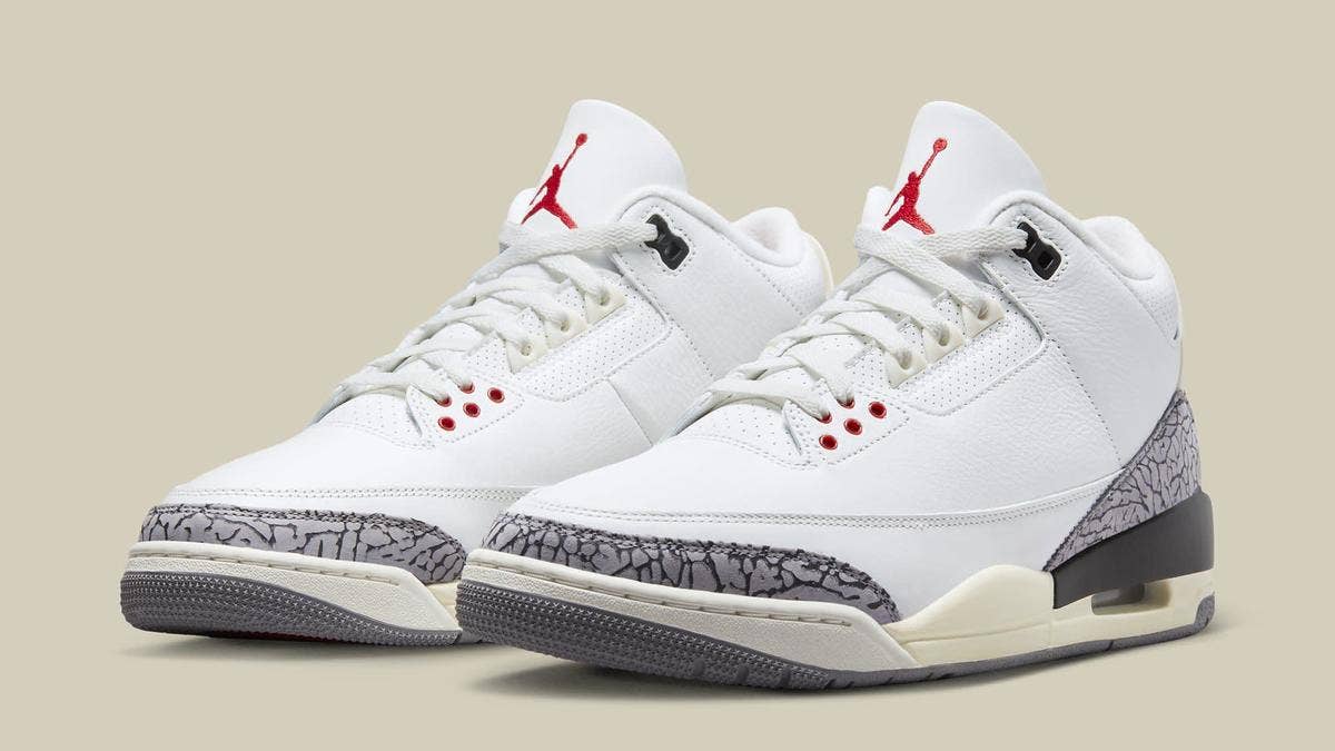 The iconic 'White Cement' Air Jordan 3 makes its long-awaited return to retail in early 2023, complete with a vintage look, 'Nike Air' logos, and OG-style box.