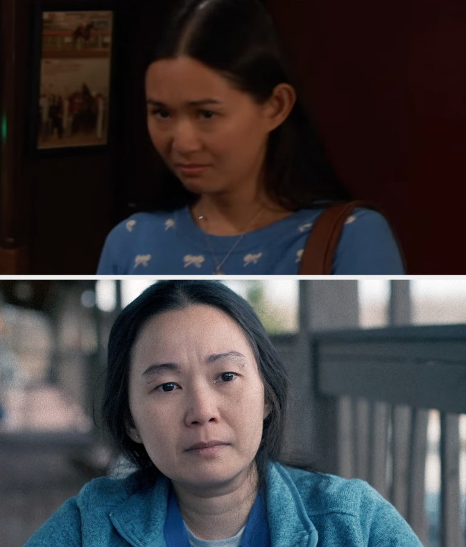 Above, a closeup of Hong looking earnest in How I Met Your Mother; below, a closeup of her as Brendan Fraser&#x27;s nurse friend in The Whale
