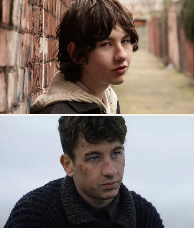 Above, a closeup of a young Barry in Stalker; below, a closeup of him with bruises in The Banshees of Inisherin