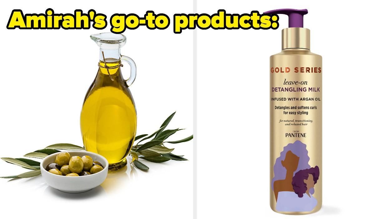 a bottle of olive oil, a bottle of pantene detangling milk