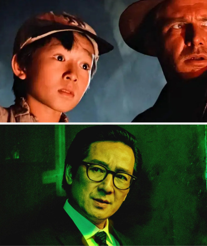 Above, a closeup of Ke Huy Quan and Harrison Ford in Indiana Jones and the Temple of Doom; below, a closeup of him as the husband of Michelle Yeoh&#x27;s character in Everything Everywhere All At Once