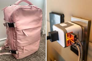 A pink travel backpack on the left and a travel outlet converter on the right