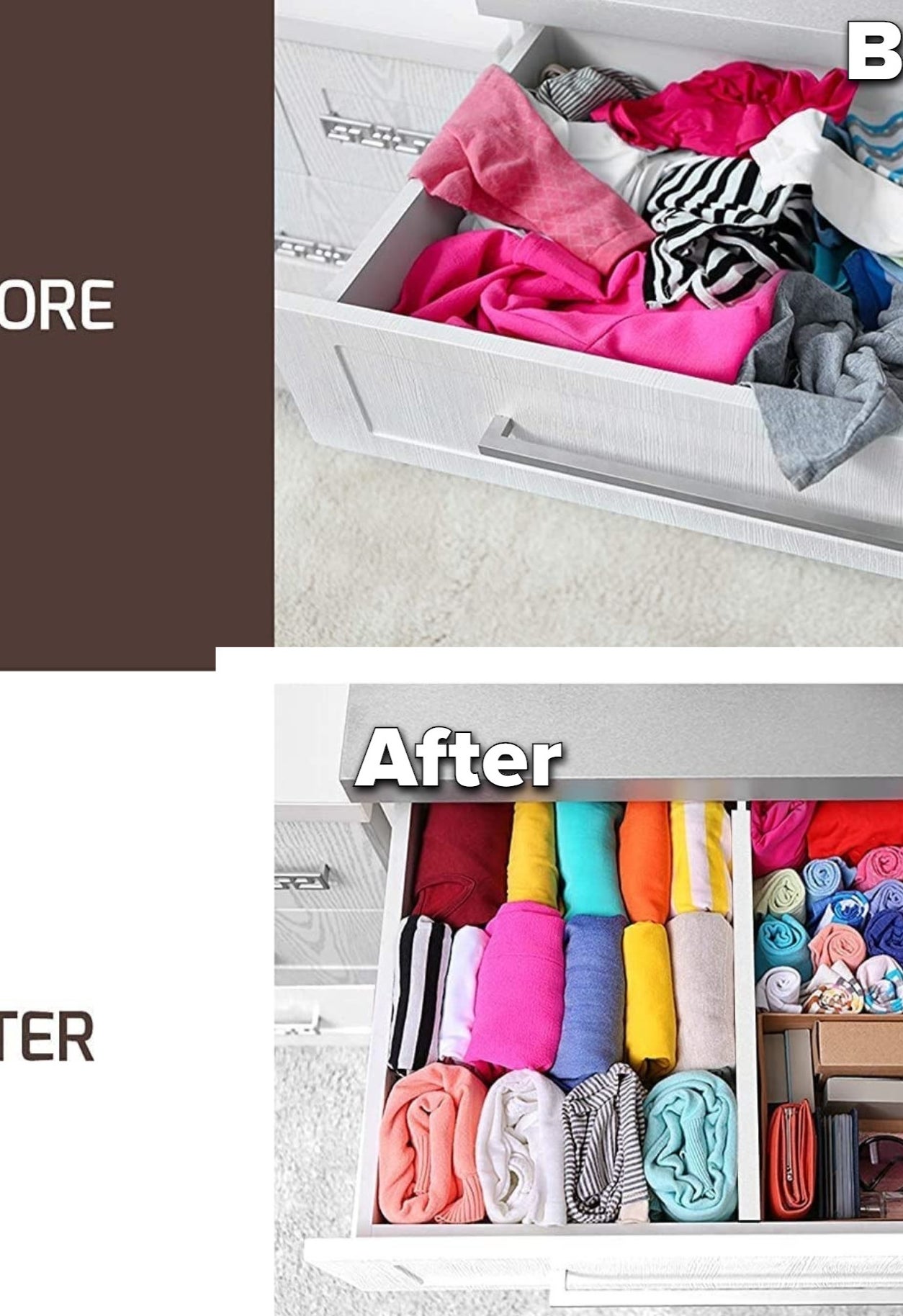 a before and after where the after shows neatly organized drawers