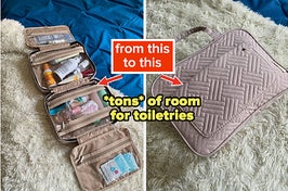 reviewer's open toiletry bag showing four compartments full of items / same reviewer's bag zipped up and compact