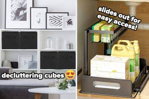 decluttering cubes, a sliding cupboard rack 