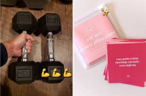 reviewer holding one of their dumbbells and a deck of self love shower affirmations in different shades of pink