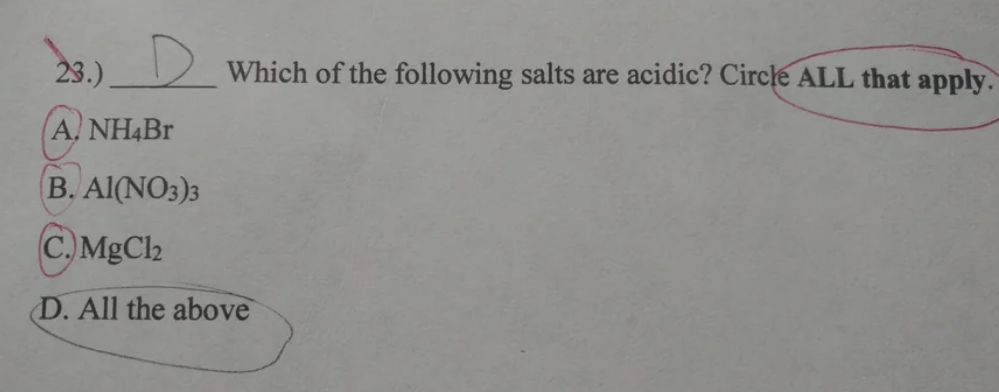 The question says "circle all that apply," gives three options and then "all of the above." The student selected all of the above, but was marked off because they didn't circle every answer option