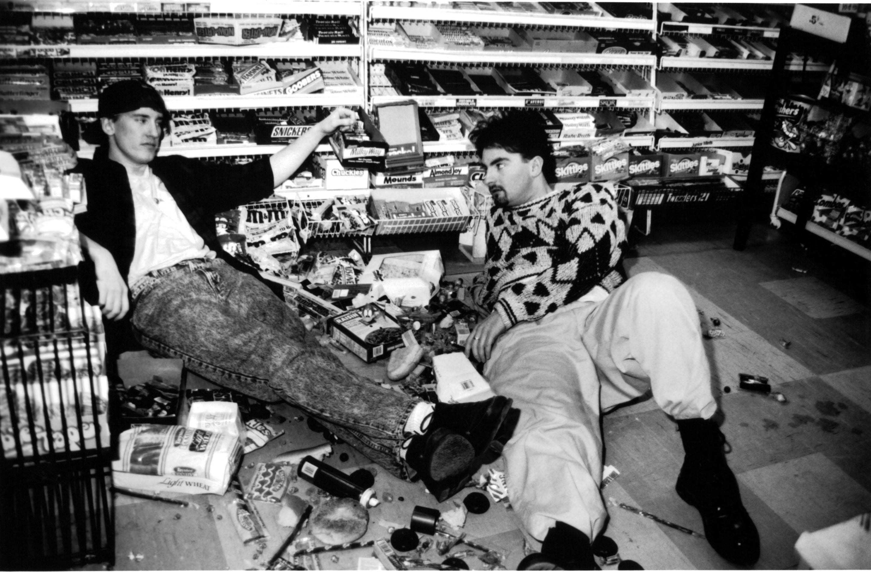 Actors Jeff Anderson and Brian O&#x27;Halloran on set of the Miramax movie &quot;Clerks&quot;